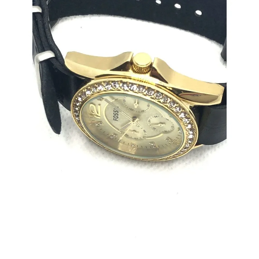 Fossil ES3343 Women's Black Leather Analog Champagne Dial Quartz Watch LP223